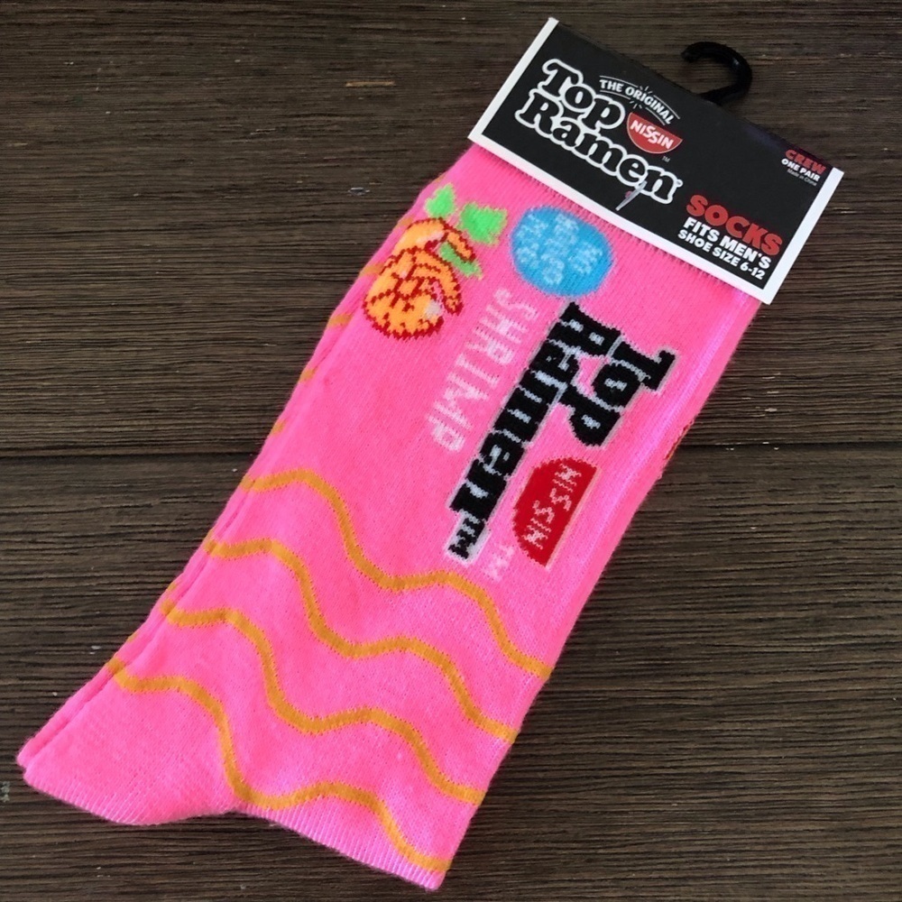 The Original Nissin Top Ramen shrimp hot pink crew socks